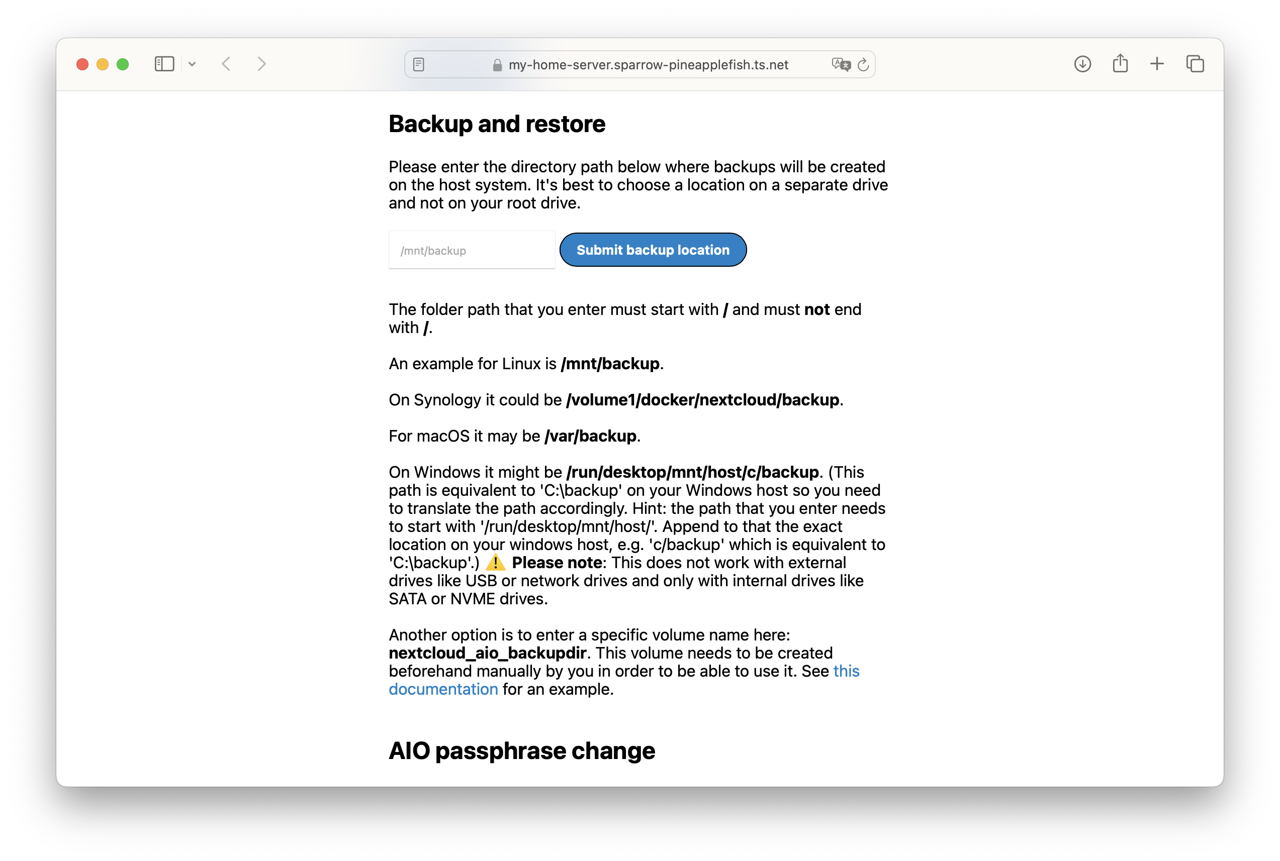 NextCloud backup section