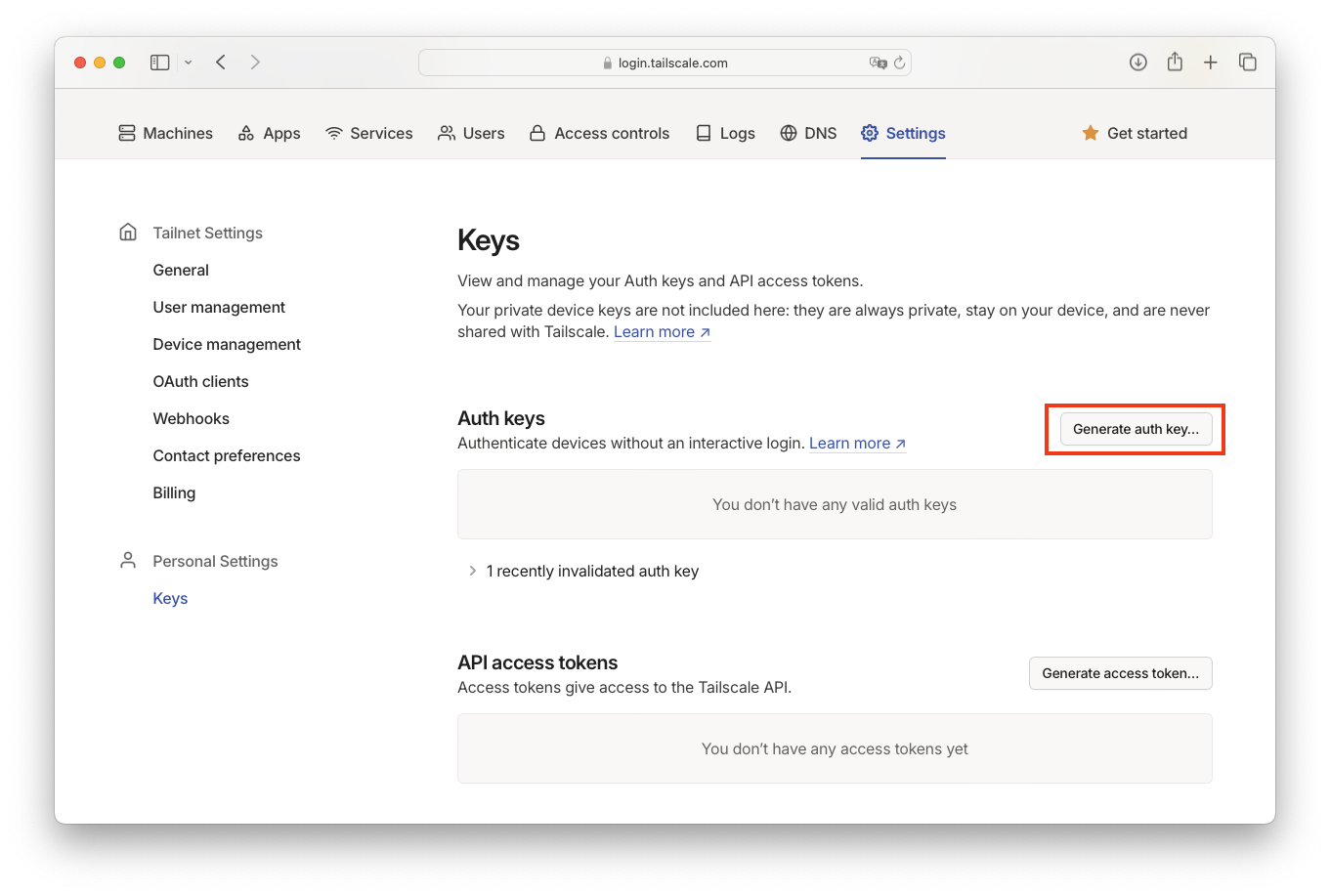 Tailscale auth key step 1