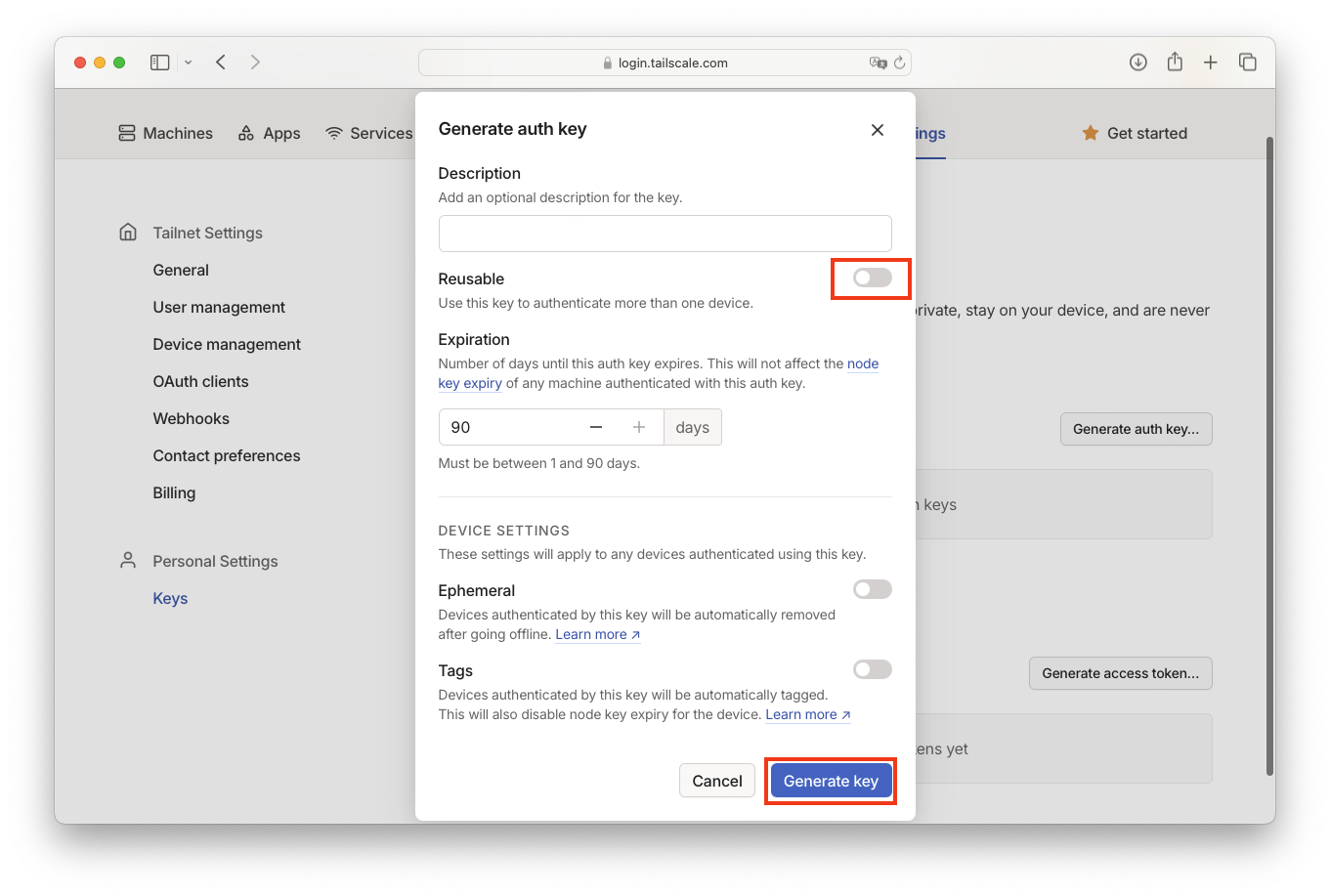 Tailscale auth key step 2